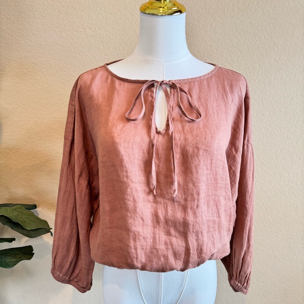 Bella Dahl Linen Peasant Blouse Women’s M Brown Crop Long Sleeve Boho Top